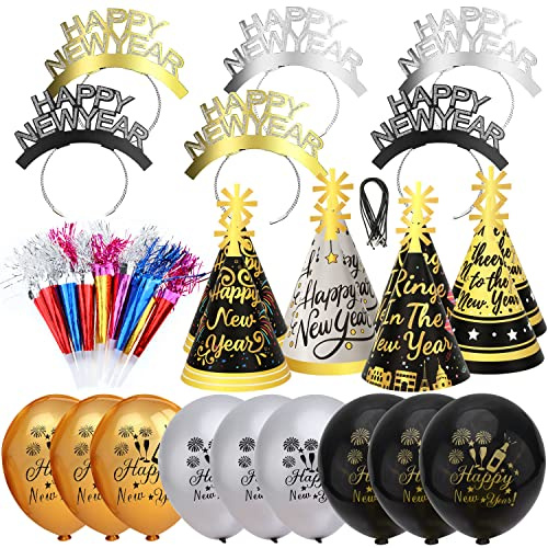 HOWAF Silvester Deko 2027, 43pcs Happy New Year Haarreif Silvester Kopfschmuck Partyhüte Silvesterparty Accessories Fotorequisiten Tröten und Luftballons für Neujahr Deko