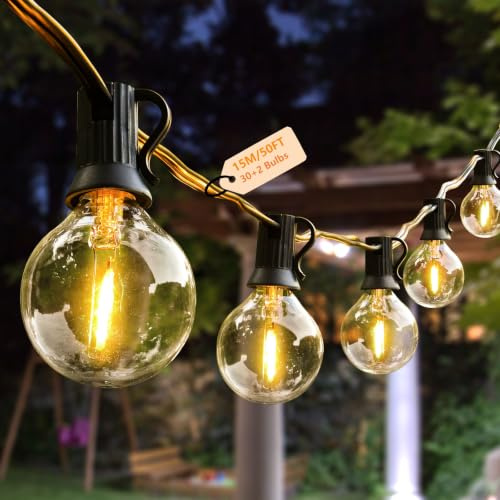 AVANLO Outdoor String Lights 50FT/15M Mains Powered | Waterproof Garden Festoon Lights with 30+2 Shatterproof G40 Bulbs for Indoor & Outdoor Party Wedding Patio Cafe