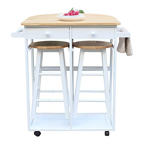 DDUPStore Foldable Dining Table Set, Kitchen Island Trolley Cart with 2 Stools and 2 Drawers Solid Wood Drop Leaf Table Breakfast Cart Bar Dining Room Serving Cart (Semicircle Dining Cart White 2)