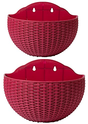 2 vasi da fiori da appendere alla parete in finto rattan, semicerchio da appendere all'esterno, con foro di drenaggio e ganci, in plastica, per balcone, recinzione (vino rosso)