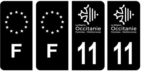 HADEXIA Nummernschild-Aufkleber, französisches Departement 11, AUDE Region Okzitanien, Schwarz und F, Frankreich, 4 Stück