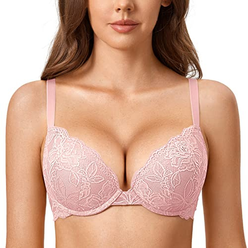 DOBREVA Damen Push up Spitzen BH mit Bügel | Gepolstert, Plunge, Gemoldete Cups, Schalen, Sexy, Tiefen Ausschnitt BHs