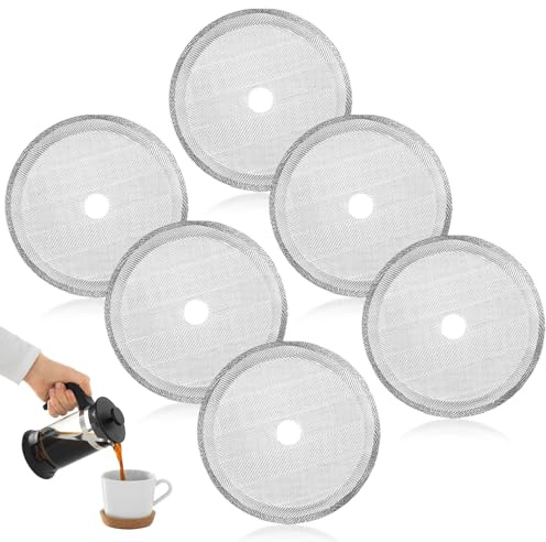 6pcs Cafetiere Filter Mesh 4 Inch, Stainless Steel, 100-count Fine Mesh | french press filter mesh, filters coffee grounds, tightly folded edges, reusable, dishwasher safe, for 34oz/1000ml