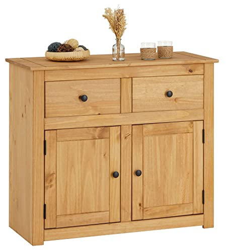 CARO-Möbel Kommode Cancun im Landhaus Stil aus Kiefer massiv, Moderne Anrichte mit 2 Schubladen und Türen, Sideboard mit gebeizter gewachster Oberfläche