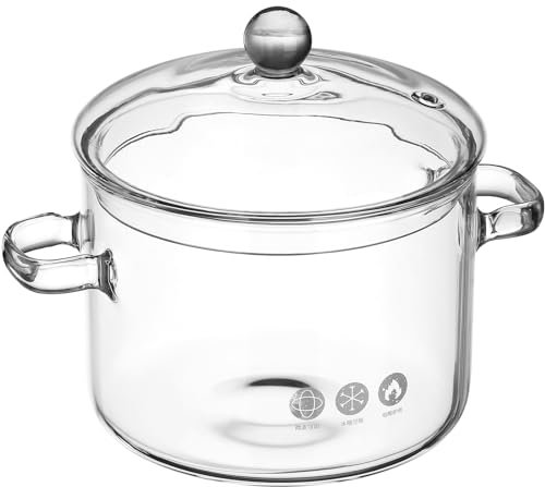 Hemoton 64Oz(1.9L) Glass Saucepan with Cover - Heat-Resistant Glass Simmer Pot for Stovetop - Dual Handles Pot for Pasta Noodle, Soup, Milk, Tea (6.3 x 6.3 x 6.7 inch)