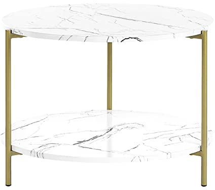 Beliani Couchtisch Marmor Optik weiß Metallbeine Gold rund 60 cm mit Regal Glamour Reva