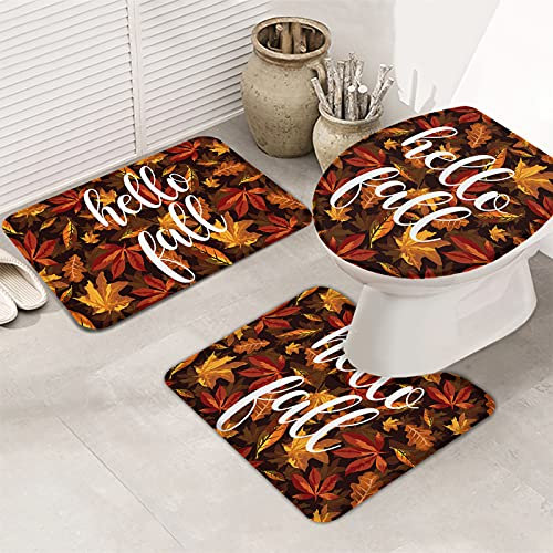3 Stück Badgarnitur Orange Ahorn-Hallo Fall-Aquarell-Blatt Contour Badteppich Atmungsaktivem U-Förmige Matte Saugfähig Wc Garnitur Für Wc, Badewanne, Neben Der Badewanne