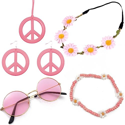 Hippie Kostüm Set Retro Hippie Accessoires Vintage Ankleidezubehör 60er 70er Jahre Kostüm Zubehö Hippie Partyzubehör Inklusive Vintage Brille Stirnband Halskette Ohrringe für Frauen (Rosa)