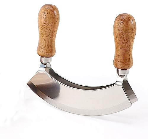 ROQILA 5.3 Inch Mezzaluna Knife - Sharp Double Blade Chopping Pizza Cutter Rocker Knife Mezzaluna Salad Chopper Stainless Steel Fruit Vegetable Mincing Knife