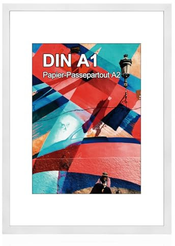 HOHIYO Marco de fotos de madera A1, formato A1, marco de madera para pósteres, 59,4 x 84,1 cm, con cristal acrílico inastillable para retratos, certificados, pósteres blancos