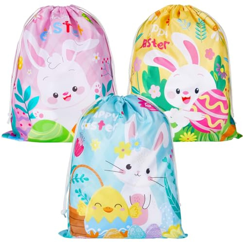 Hestya 3 Stück Ostertaschen mit Kordelzug 40 x 30 cm Große Happy Easter Geschenktüten Wasserdichte Kaninchen Hase Geschenkbeutel Eiersuche Party Mitgebsel Beutel für Frühling (Süße Farbe, Lebendig)