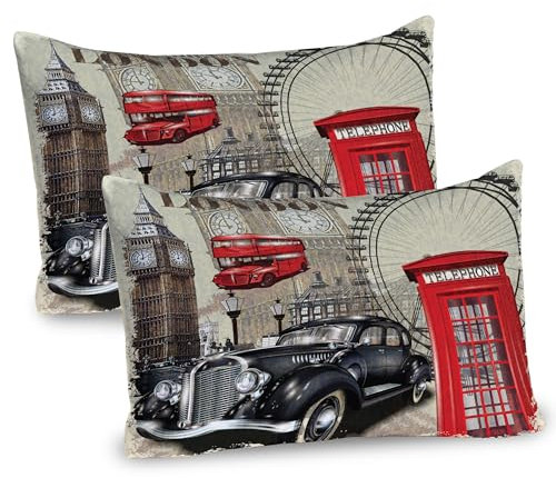 ABAKUHAUS Collage Kissenbezug Packung mit 2, Vintage London England Grüße Retro schwarzes Auto Big Ben Red Bus, Dekorativer Standard Gedruckter Kissenbezug, 80 x 40 cm, Elfenbein Anthrazit grau