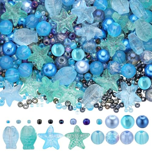 SUNNYCLUE 1 Box 540 Stück Glas Ozean Perlen Kit Glas Rocailles Perlen Meer Tier Perle Sommer Hawaii Meer Perle Seestern Fisch Perlen Glasperlen Für Schmuckherstellung Perlenkits DIY Armbänder Halskett