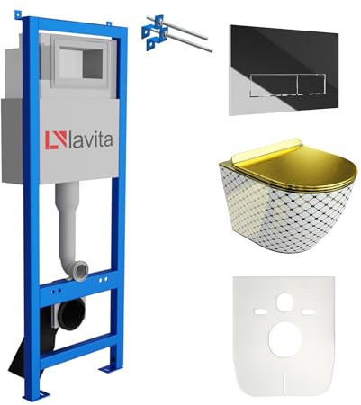 Lavita LAV 101 élément de fond pour WC 40 cm + WC suspendu mural à fond plat SOFI SLIM CHECKED GOLD sans rebord + Plaque de commande LAV 200.3.2 chromé | Ensemble complet | Boîte à eau encastrée |