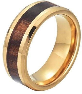 Beydodo Ringe Wolfram Gold, Herren Ring Personalisiert 8MM mit Braun Holz Bandring Freundschaftsringe Männer Ringe Nickelfrei Gr.72 (22.9)