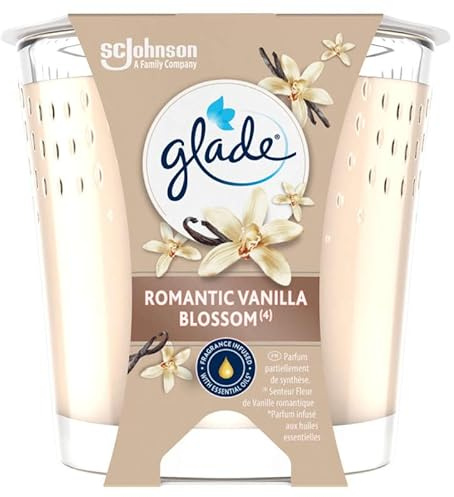 Glade Bougie Vegan Parfum Infusé Huiles Essentielles - Nouvelle Formule Sans Huile De Palme - Romantic Vanilla Blossom - 1 Bougie