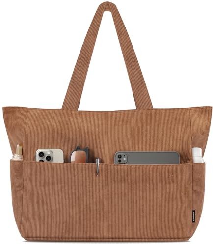 HOMESPON Handtasche Damen Tote Bag Shopper Groß Umhängetasche Cord Crossbody Beuteltasche Schultertasche Stoffbeutel für Einkaufen Schule Arbeit Reisen(Braun)