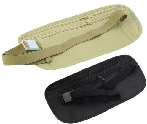 Cinturón de Dinero de Viaje, Billetera Oculta Pasaporte Dinero Riñonera Delgado Secreto de Seguridad Bolsa de Viaje Pecho Pack Adecuado para Viajar al Aire Libre (Caqui + Negro)