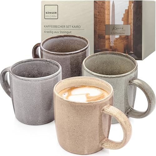 SÄNGER Kairo | Kaffeebecher 4 teilig, Steingut Tassen Set für 4 Personen, Tassen, spülmaschinen- mikrowellenfest, Coffee Mug Teetasse, Kaffeetassen mehrfarbig, mixed Becher 400 ml |VALUE COLLECTION