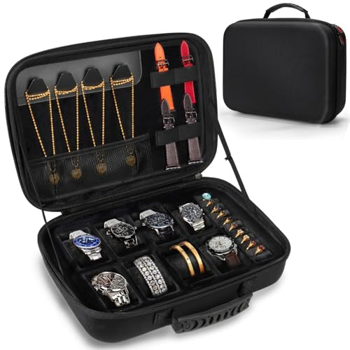 NIFUYOP Travel Jewelry Box Watch Case, 8 Slots Watch Organizer for Men Women, Hard Storage Bag with 10 Ring Holders, 4 Necklace Hooks, 4 Watch Strap, Jewelry Bracelets Carrying Case with Soft Pillow