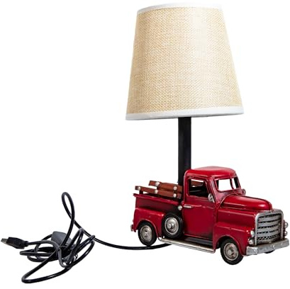 Berfutall-Decorative Rustic Red Vintage Truck USB Table Lamp，Night Light with Burlap Shade, 6.7 x 4.7 x 6.7 inches