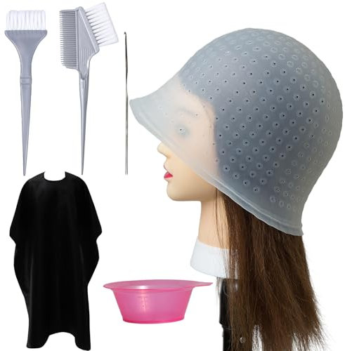 Punched Hole Silicone Highlight Hair Cap with Needle Kit Professional Reusable Highlighting Poked Hole Caps with Hooks for Color Hair Salon Hairdressing Dyeing Staining Tools for Women Men