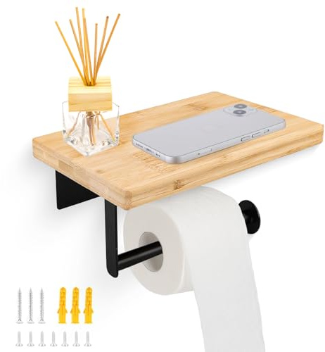 Porte-papier toilette en bois, Porte-papier toilette sans perçage avec rangement, Élégant porte-papier toilette en bambou, Porte-papier toilette en acier inoxydable et bambou combiné.