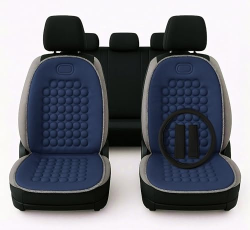 Auto Accessori Lupex Paire de dossiers universels, housses de sièges avant, kit 2 pièces avec 92 boules de massage pour sièges auto fourgon autobus camion chaise bureau (Bleu + couvre-volant et