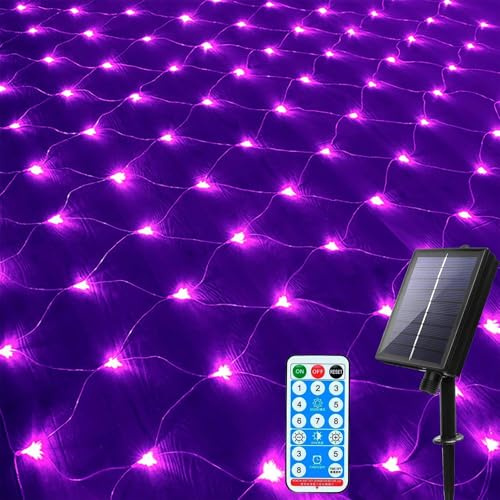 DINOWIN 96LED Solar Lichternetz 1,5x1,5M Lichterkette mit Fernbedienung 8 Modi IP65 Wasserdicht für Garten Weihnachten Hochzeit Party Dekoration Fenster Büsche Terrasse (Lila)