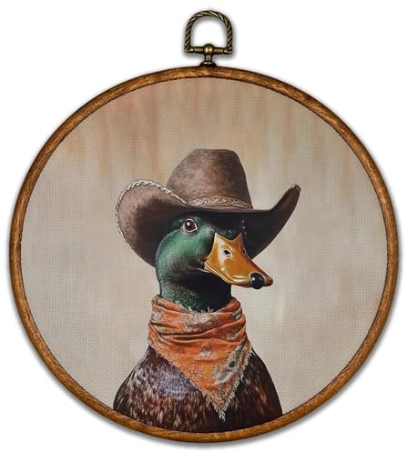 BCUANGD Western Hunting Round Wall Art Decor - Retro Duck Neutral Wall Art Canvas Frame Artwork Prints, Rustic Vintage Country Round Wall Hanging Decorations for Home Farmhouse Bedroom, 10x10