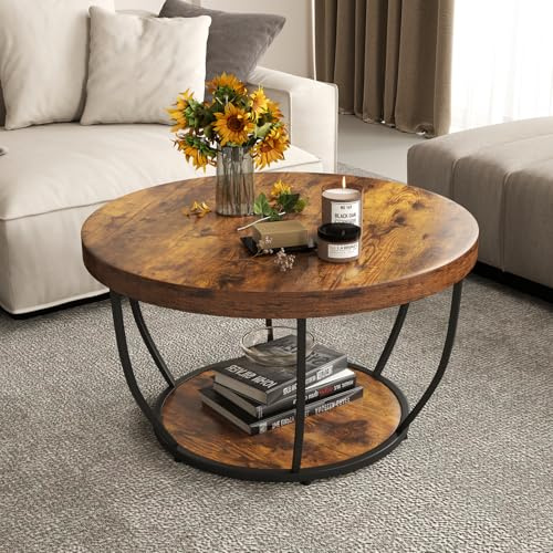 GOPLUS Mesa de Centro Redonda de 2 Niveles, Mesa de Café con Marco Metálico y Estante de Madera, Estilo Rústico con Pies Ajustables, para Salón, Dormitorio y Oficina, Carga 90KG, D.80x45CM (Marrón)