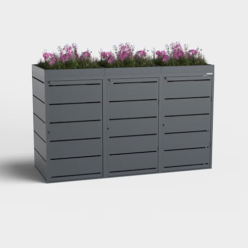 BIO Stefan® Dagobert Mülltonnenbox 3er Set für 240L mit Pflanzendach | verzinkter Stahl | robuste Mülltonnenverkleidung | Müllbox, Müllhaus | verwendbar als Paketbox | Box für Mülltonnen