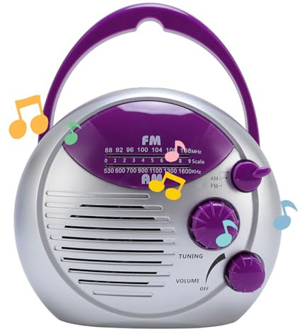 Shower Radio, AM FM Radio with Top Handle, Built in Speaker, Volume Control Knob, Battery Operated, IPX4, Portable for Home, Beach, Hot Tub, Bathroom, Outdoor