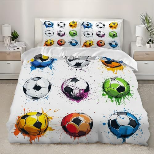 Tema di Calcio Bambini e adulti Set Copripiumino 3 Pezzi Bianco Biancheria da Letto Set con Cerniera, Morbido Ipoallergenico Microfibra Copripiumino 240x220 cm e 2 Federe