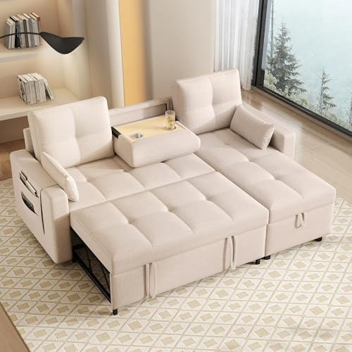 Wyibwy, Sofá esquinero en Forma de L, sofá Cama de 3 Plaza, Cama extraíble y portavasos Plegable, con Espacio de Almacenamiento, Tejido de Lino, para salón, Beige