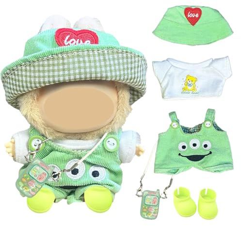 3-Teiliges Puppe Kleidung, 14-17 cm Puppen – 3-teiliges Kleidungs-Set (Liebesherz-Hut + T-Shirt + Latzhose) Inkl. Grünes Handy-Accessoire & Schuhe – Süßes Zubehör Für Sammler & Spiel