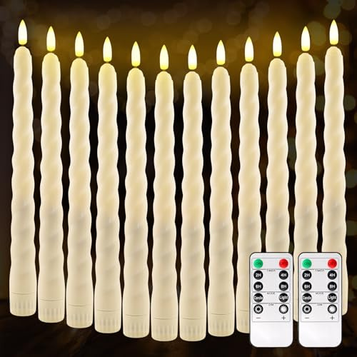 LED Stabkerzen Set 12 Stück, Stabkerzen LED mit Fernbedienung & Timer, Flammenlose LEDkerze Warmweiß Flackernd, Batteriebetriebene LEDkerzen für Hochzeit, Party, Weihnachten, Zimmerdeko (25cm, Weiß)