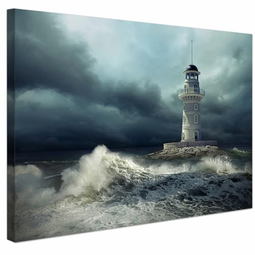 AREDE Bilder Wanddeko auf Leinwand Leuchtturm im Sturm Art Decor Wohnzimmer Deko Zimmer Wandbilder Modern Bild | 60 x 40 cm | Fertig zum aufhängen