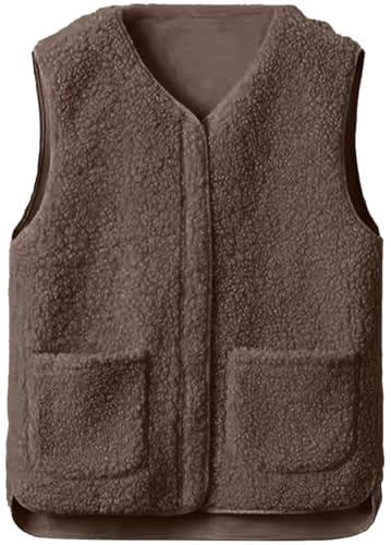 Joligiao Chaleco de Forro Polar Mujer Termico Chaleco Lana Polar Invierno Chaqueta sin Mangas con Bolsillos con Cremallera Chaqueta de Peluche Mujer Invierno Cálido Jacket(Marrón café,S)