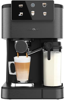 Cecotec Cafetera Express Semiautomática Power Espresso ColdBrew Latte Oscuro. 1350W, 20 Bares, Frío, Templado o Caliente, Pantalla Táctil, 1.5L Depósito Agua, 500ml Depósito Leche, Doble Brazo
