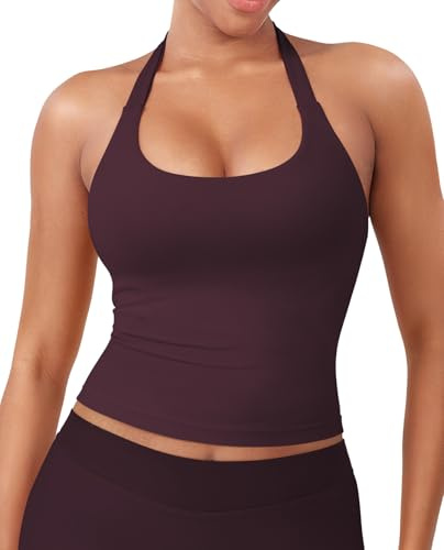 YEOREO SoftHue Women's Impact Halter Tank Top Longline Backless Scoop Neck Built-in Bra Sports Workout Gym Crop Top Mauve M