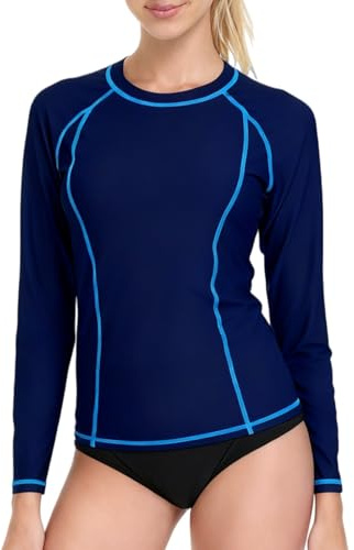 ATTRACO Women Sun Protection Rash Vest Long Sleeve Athletic Casual Top Surfing Swim Top Navy M