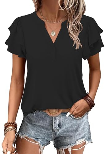 Cuptacc Tee Shirt Femme Blouse Femme Chic et Élégante Classique Col en V Tshir Décontract Lâches Summer Top T-Shirts Manches Courtes Noir XXL 50-52