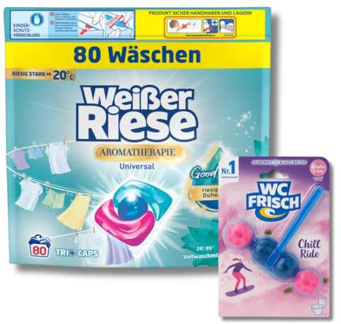 Weißer Riese Color Trio-Caps Aroma-Therapie Lotus (80 WL), Universal Waschmittel mit Good Mood-Duft & WC FRISCH WC Stein Chill Ride (1x 50g), langanhaltendes Dufterlebnis