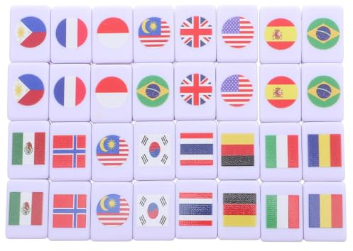 HAPINARY 64pcs International Flag Mahjong Tile Set for 2 Players, Compact Melamine Country Flags Board Game, Strategy Memory Matching Family Tabletop Game