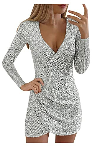 Generisch Glitzerkleid Damen Pailletten Kleid Knielang, Festliche Kleider für Damen Kurz Pailettenkleider Langarm V-Ausschnitt Glänzende Kleider Sexy Partykleid Cocktailkleid Bodycon Enges Party