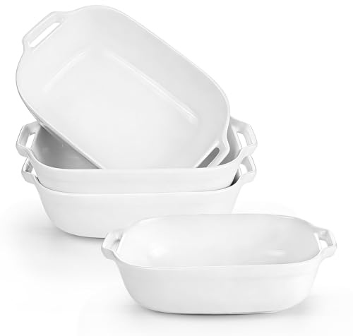 LONTOM 20cm Double-Ear Handle Ceramic Baking Dish Set of 4,Oven Rosting Dish Lasagne Dish Serving Dishes for Shepherd's Pie,Casserole,Fish Pie, Creamy Soup,Salads,Rice Microwave Dishwasher Safe