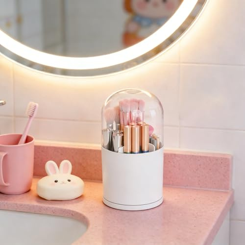 Générique Porte-pinceaux de maquillage,Organisateur de Bureau,Organisateur de vanité rotatif 360° avec couvercle anti-poussière pour pinceaux chambre,coiffeuse,chambre à coucher,sal (Blanc)