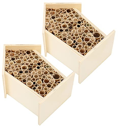 Naroote 2PCS Wooden Bee House, Beehive Nesting Box, Safe Box with Logs & Reed Materials, Ideal for Pollinators & Garden Nesting