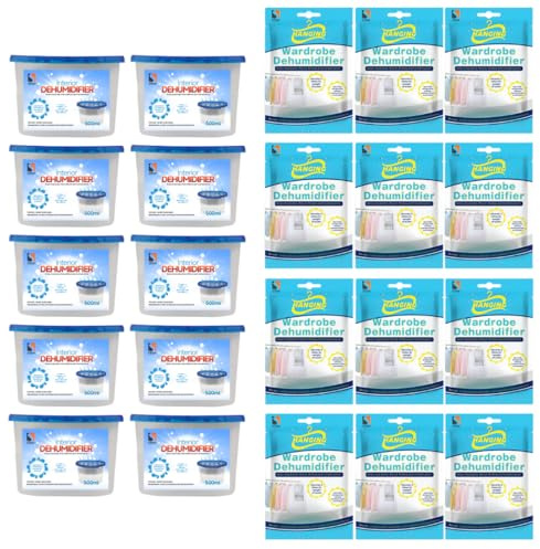 STERUN Dehumidifier Combo Pack 10x 500ml Interior Dehumidifier & 12x Hanging Wardrobe Dehumidifier Bags Moisture Absorber Damp Mould Condensation For Home Bedroom Garage Caravan